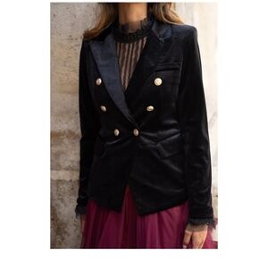 Choklate Paris Elegant Double Breasted Black Velvet Blazer with Gold Buttons